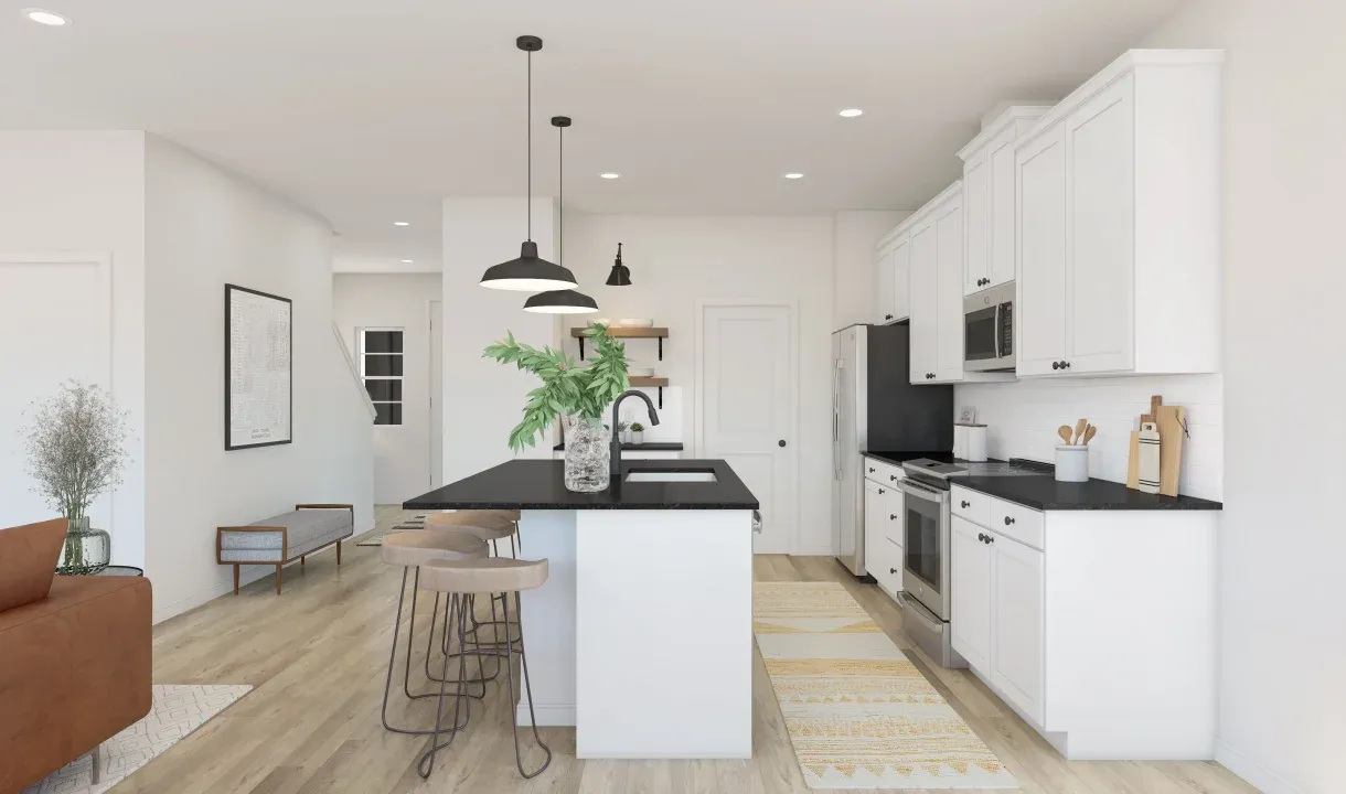 Kitchen with floating shelves and pendant lighting