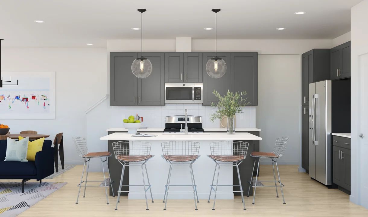 Kitchen with pendant lighting and floating shelves