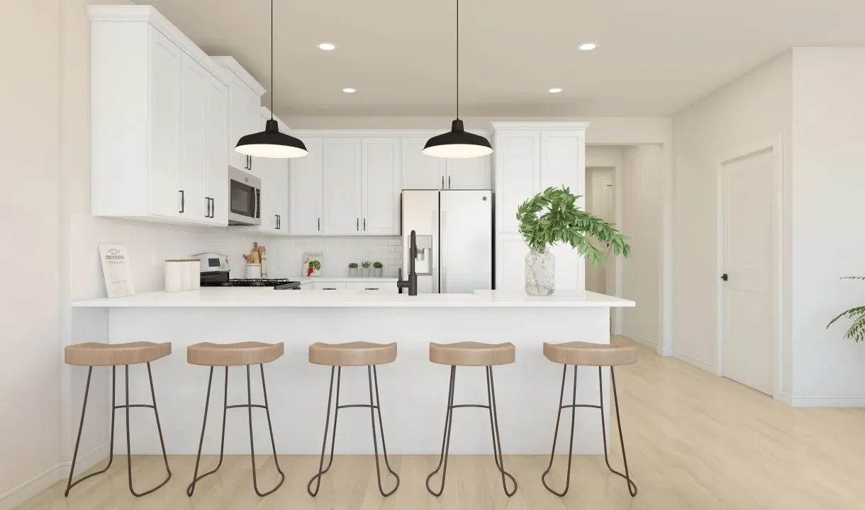 Kitchen with peninsula island and pendant lighting