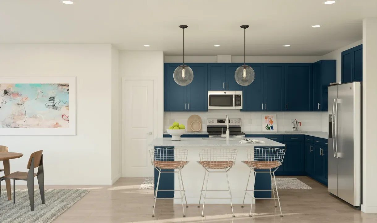 Kitchen with pendant lights & center island