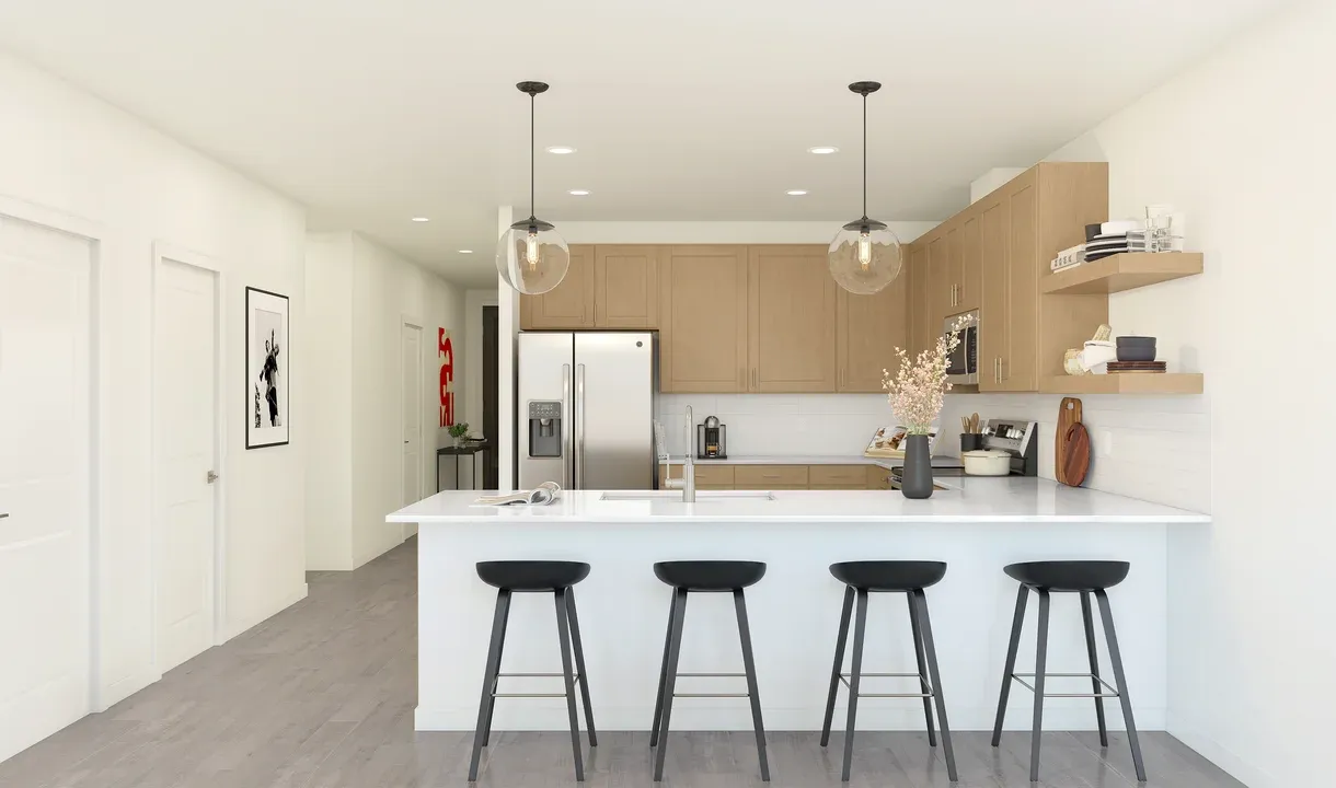 Kitchen with peninsula island & floating shelves