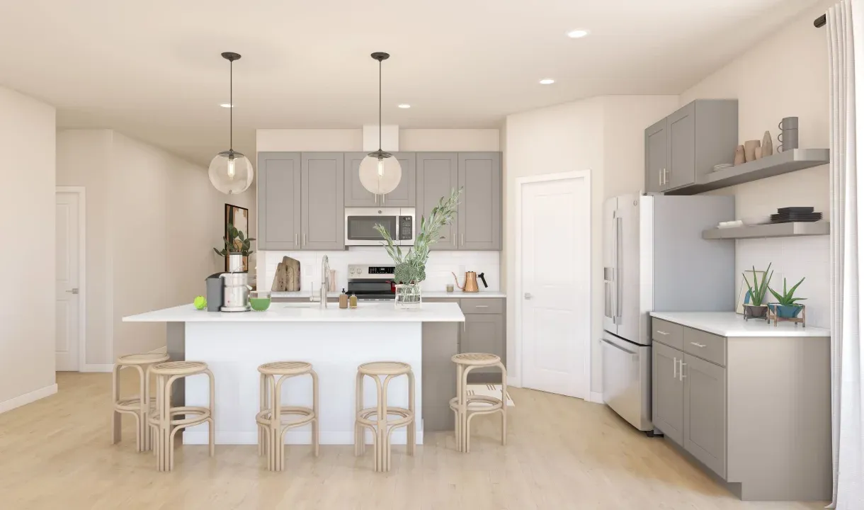 Kitchen with pendant lighting and floating shelves
