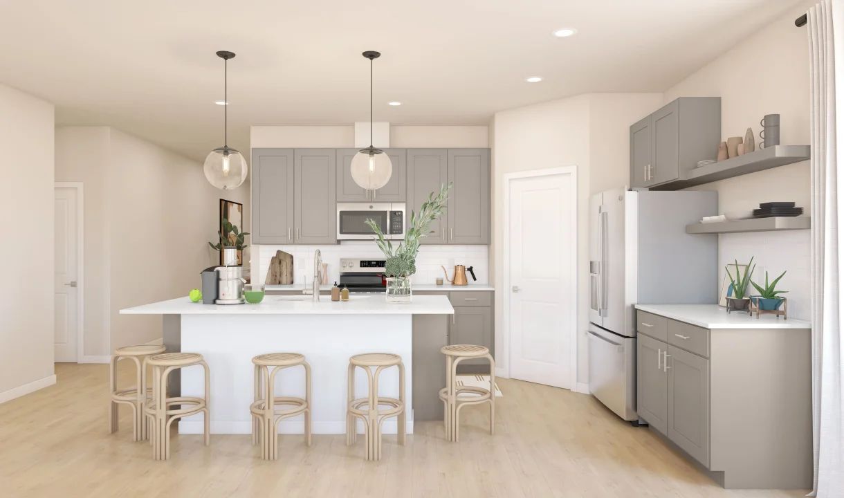 Kitchen with pendant lighting and floating shelves