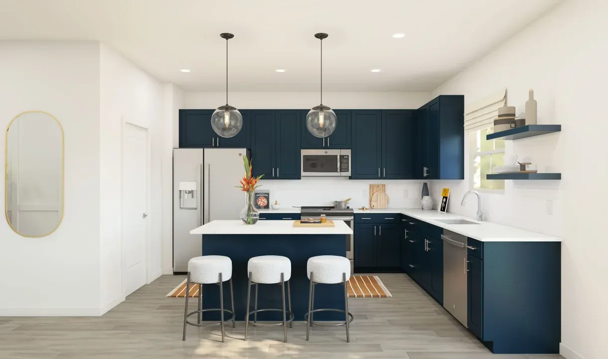 Kitchen with pendant lighting and floating shelves