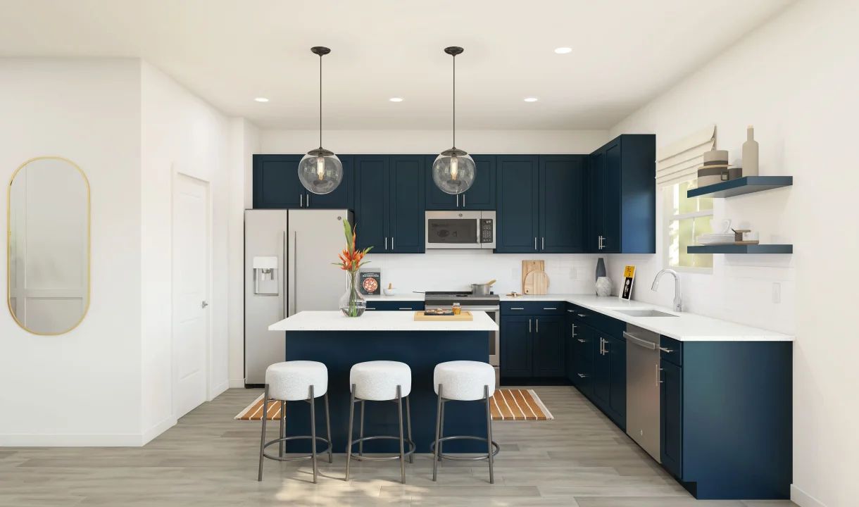 Kitchen with pendant lighting and floating shelves