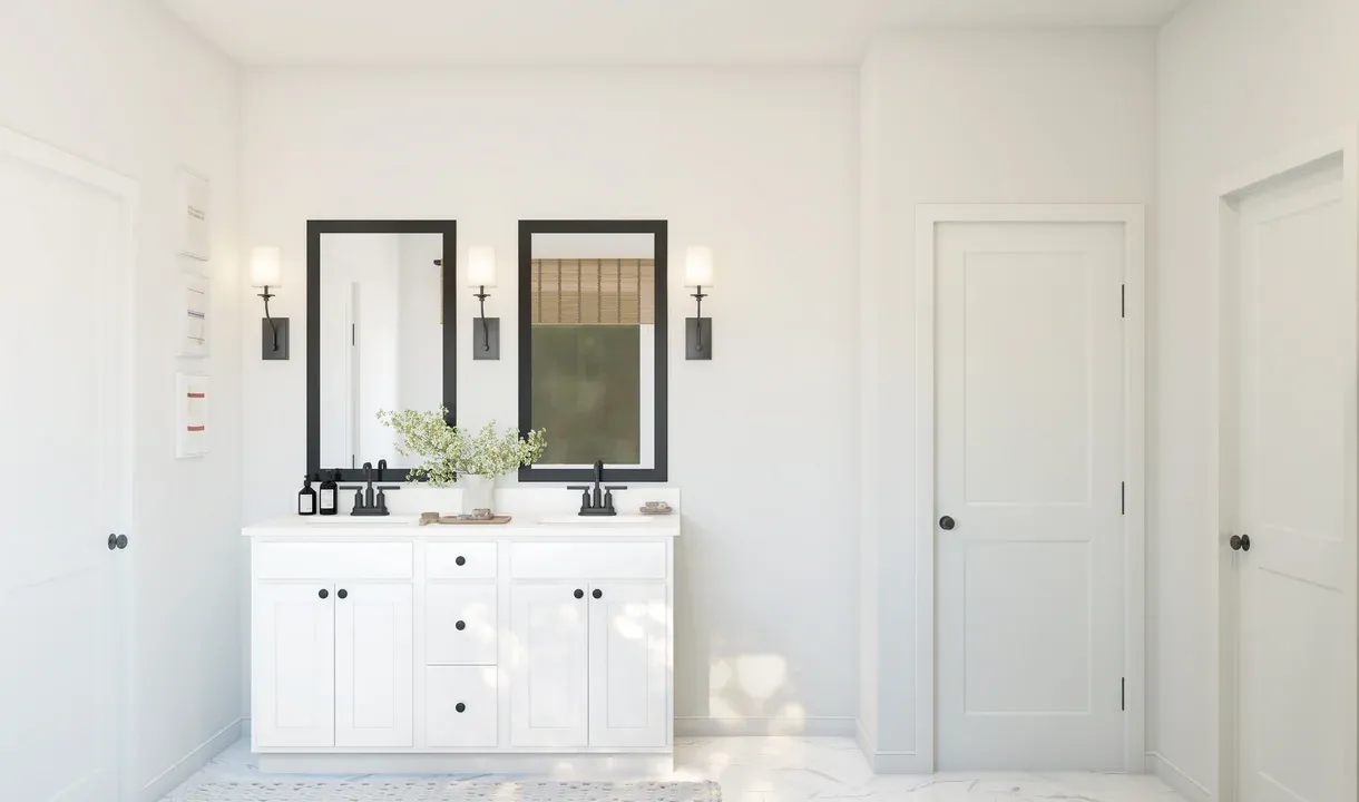 Primary bath with freestanding vanity