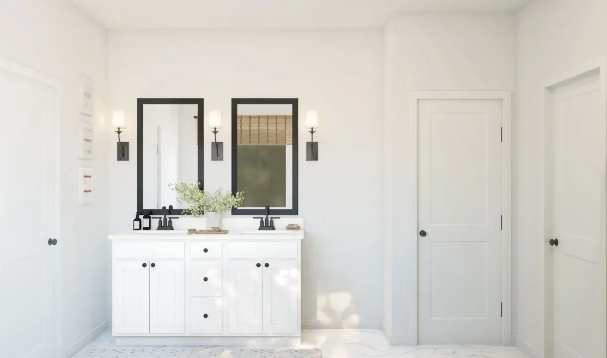 Primary bath with freestanding vanity