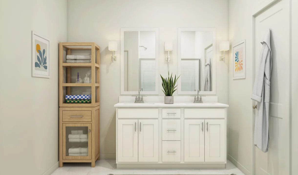 Primary bath with freestanding vanity