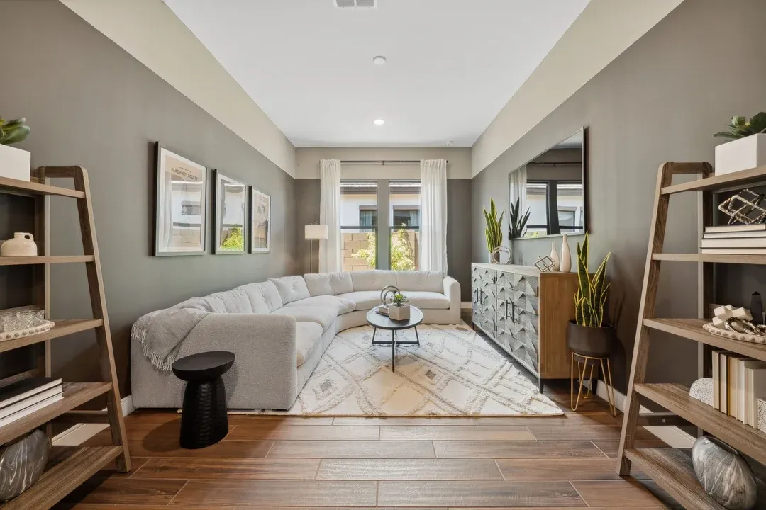 Media room with luxurious wood-look tile