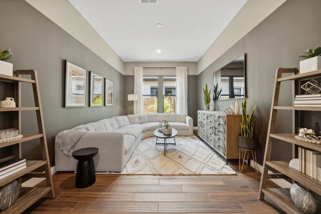 Media room with luxurious wood-look tile