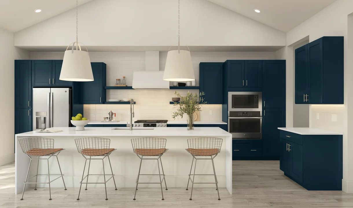 Kitchen with floating shelves and pendant lighting