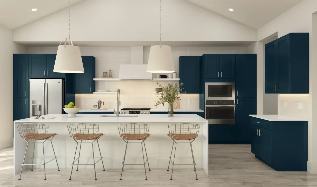 Kitchen with floating shelves and pendant lighting