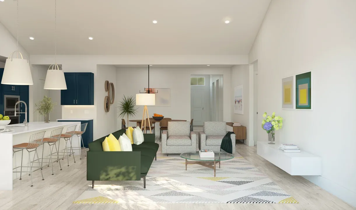 Great room with vaulted ceiling and luxurious flooring