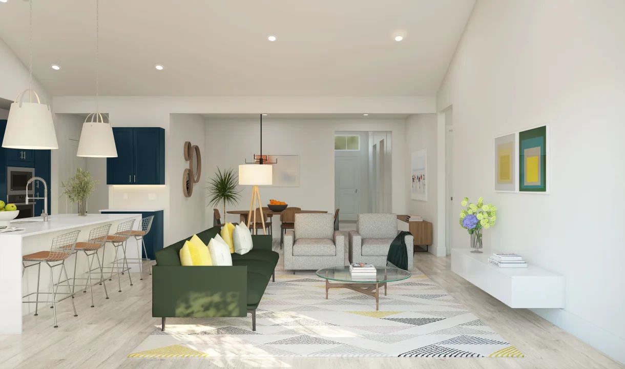 Great room with vaulted ceiling and luxurious flooring