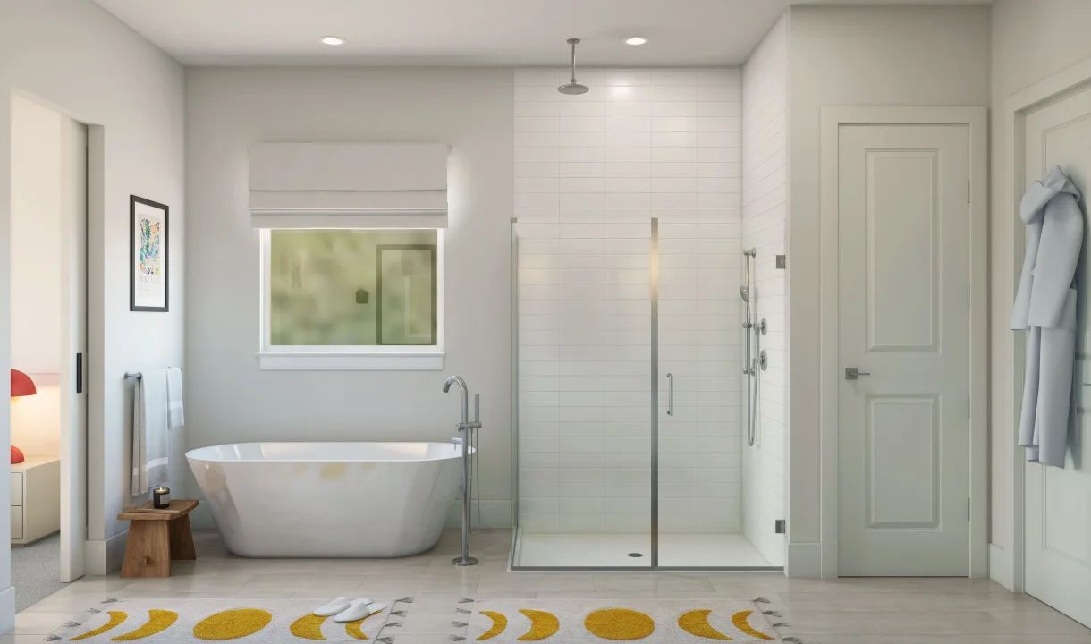 Primary bath with glass shower enclosure and freestanding tub