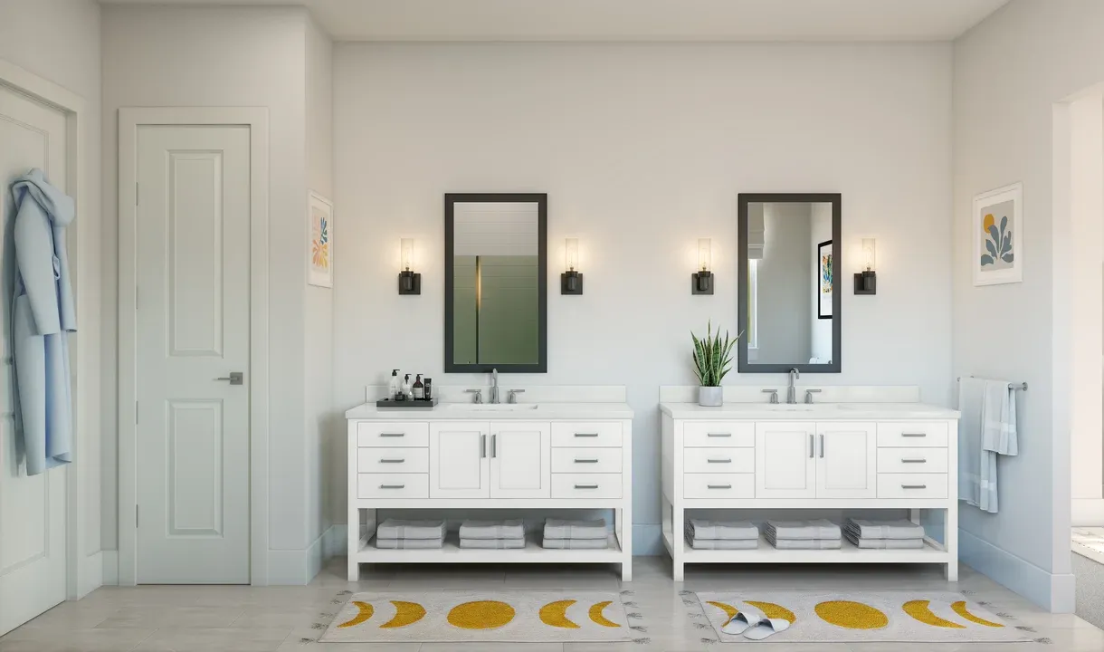 Primary bath with dual freestanding vanities