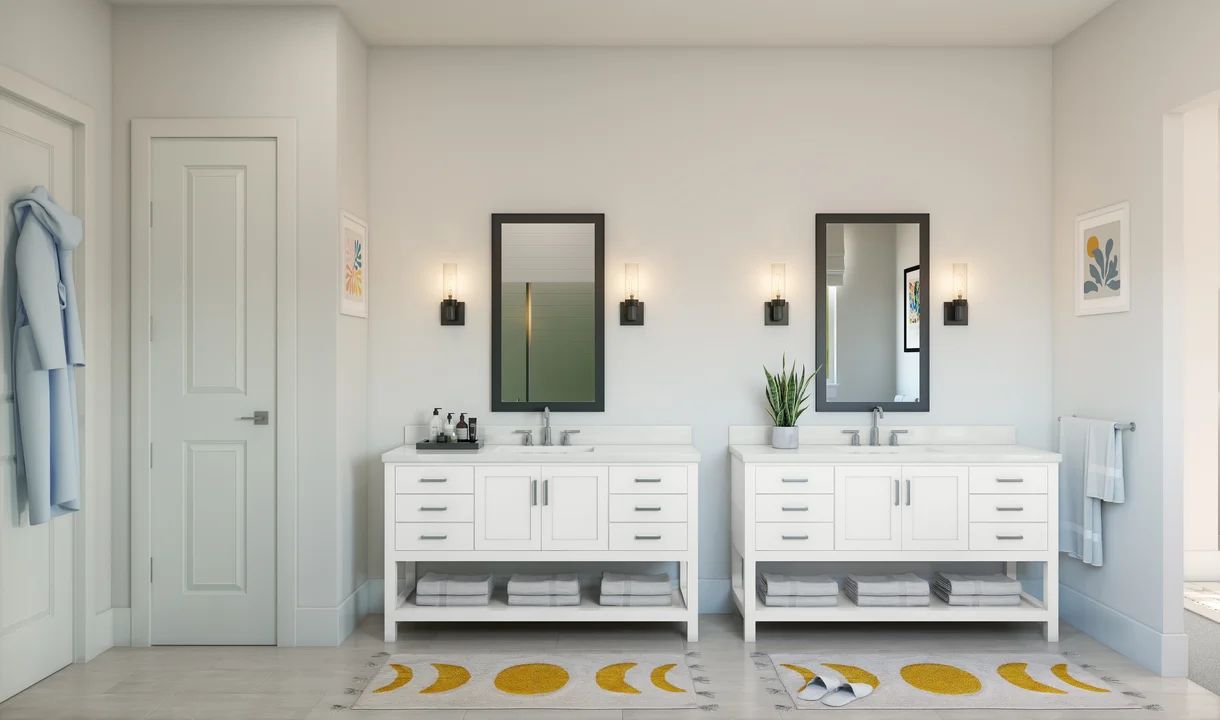 Primary bath with dual freestanding vanities