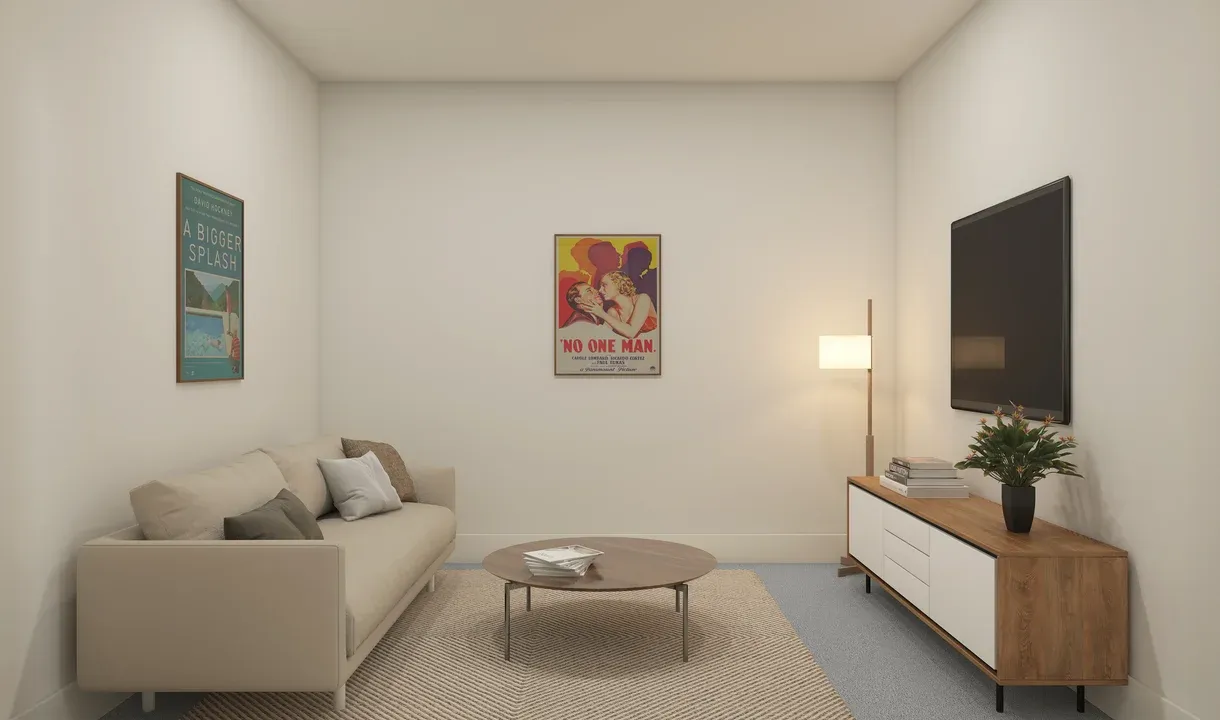 Media room with plush carpeting