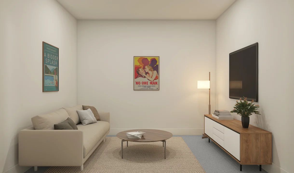 Media room with plush carpeting