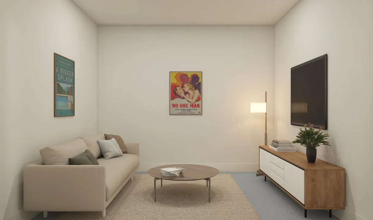 Media room with plush carpeting