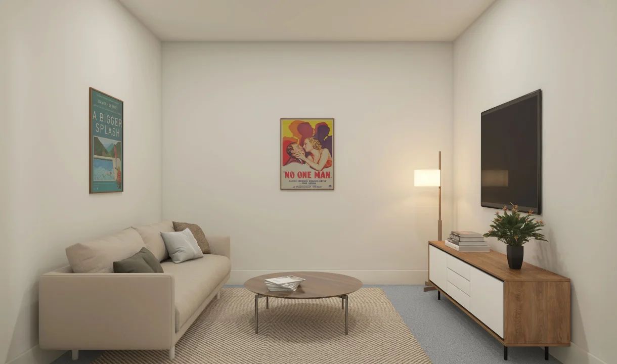 Media room with plush carpeting