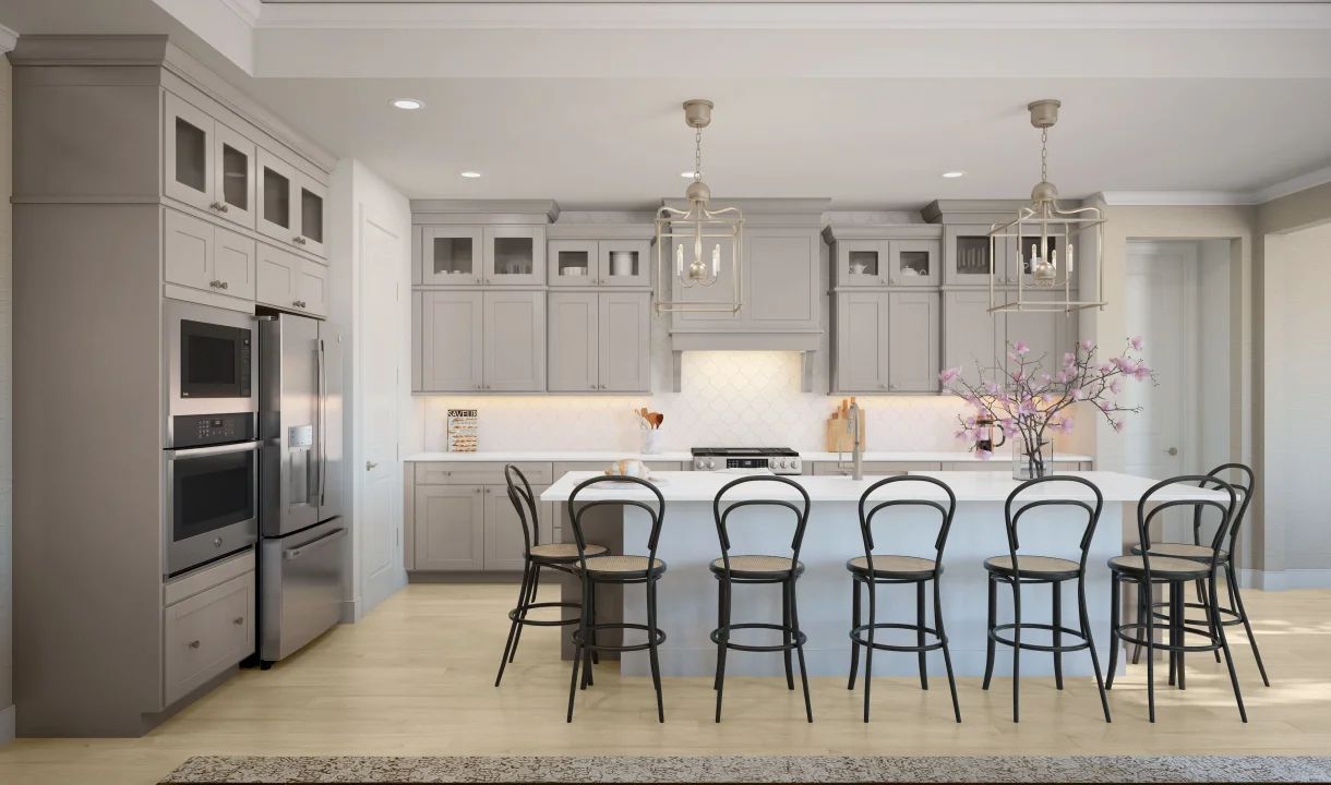 Kitchen with glass upper cabinets and pendant lighting