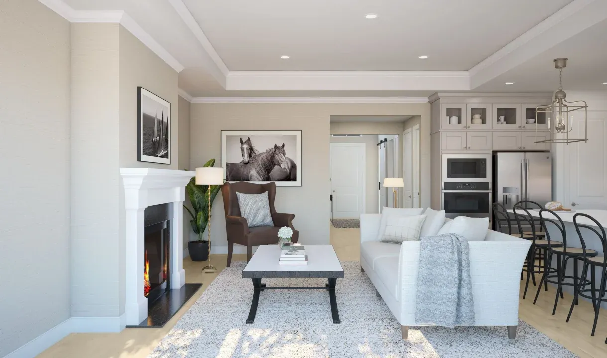 Great room with coffered ceiling