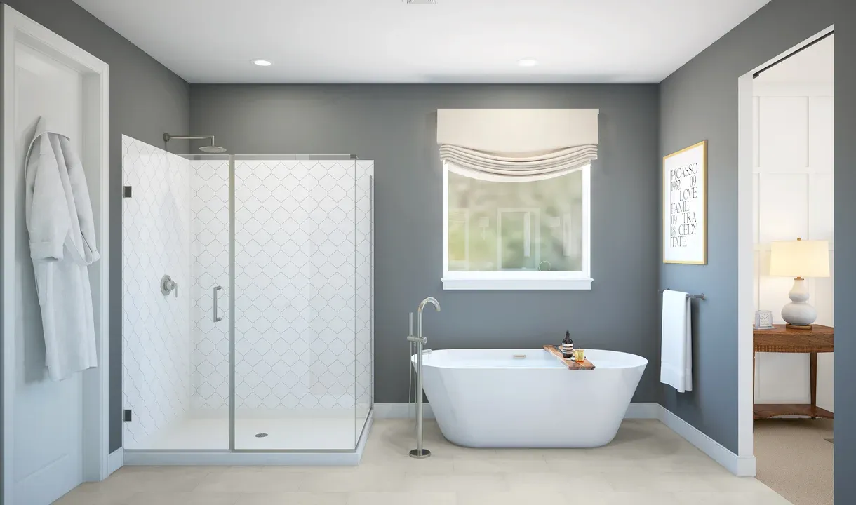Glass shower enclosure with freestanding tub