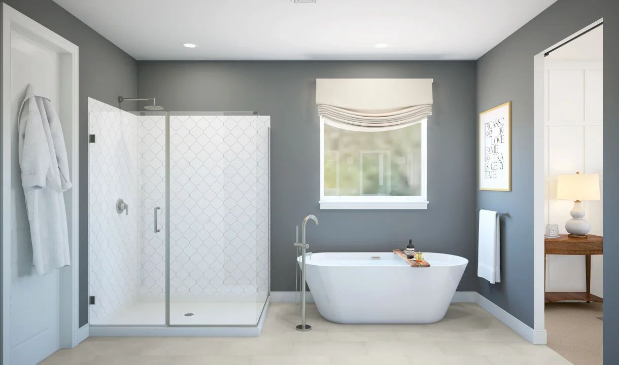 Glass shower enclosure with freestanding tub