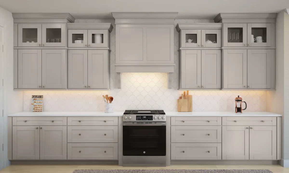 Kitchen with stainless steel appliances and glass upper cabinets