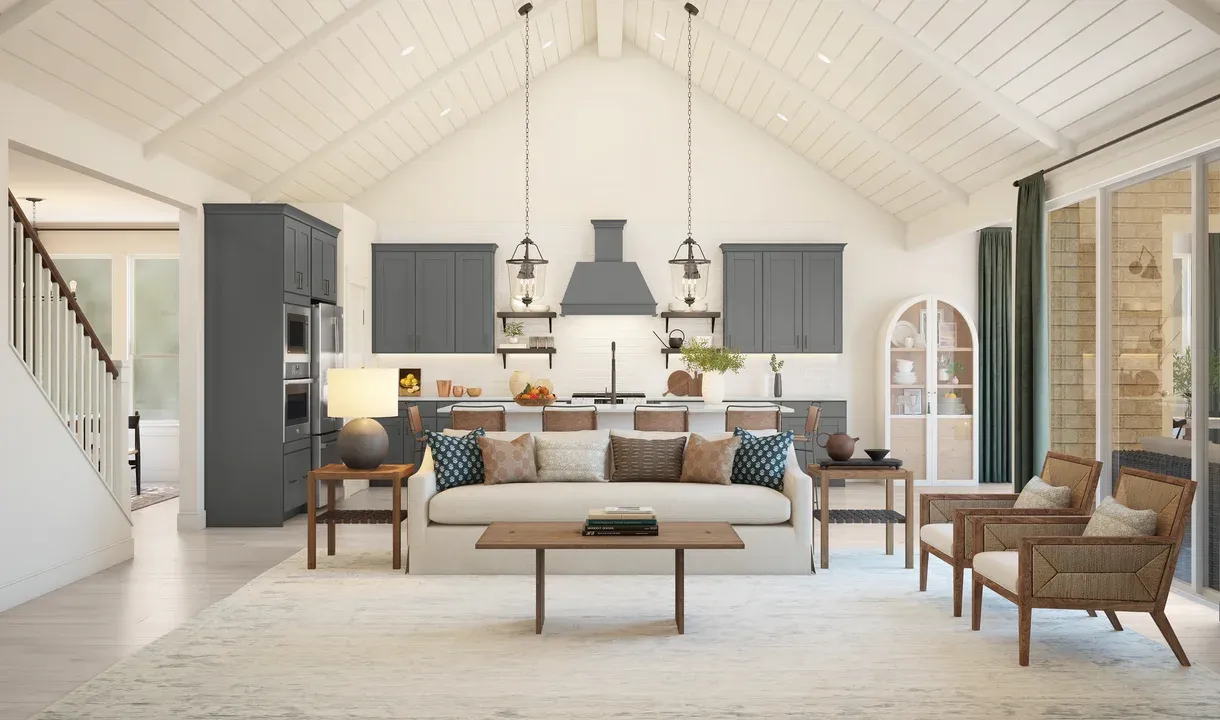 Great room with vaulted ceiling and shiplap