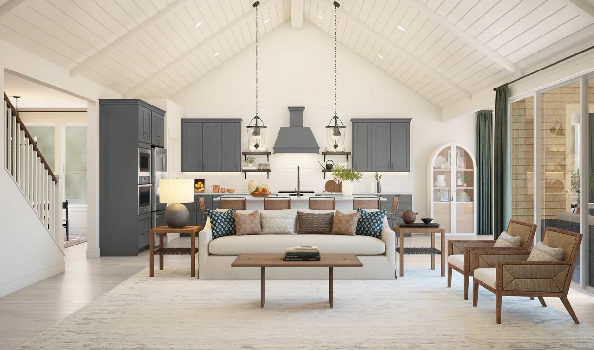 Great room with vaulted ceiling and shiplap