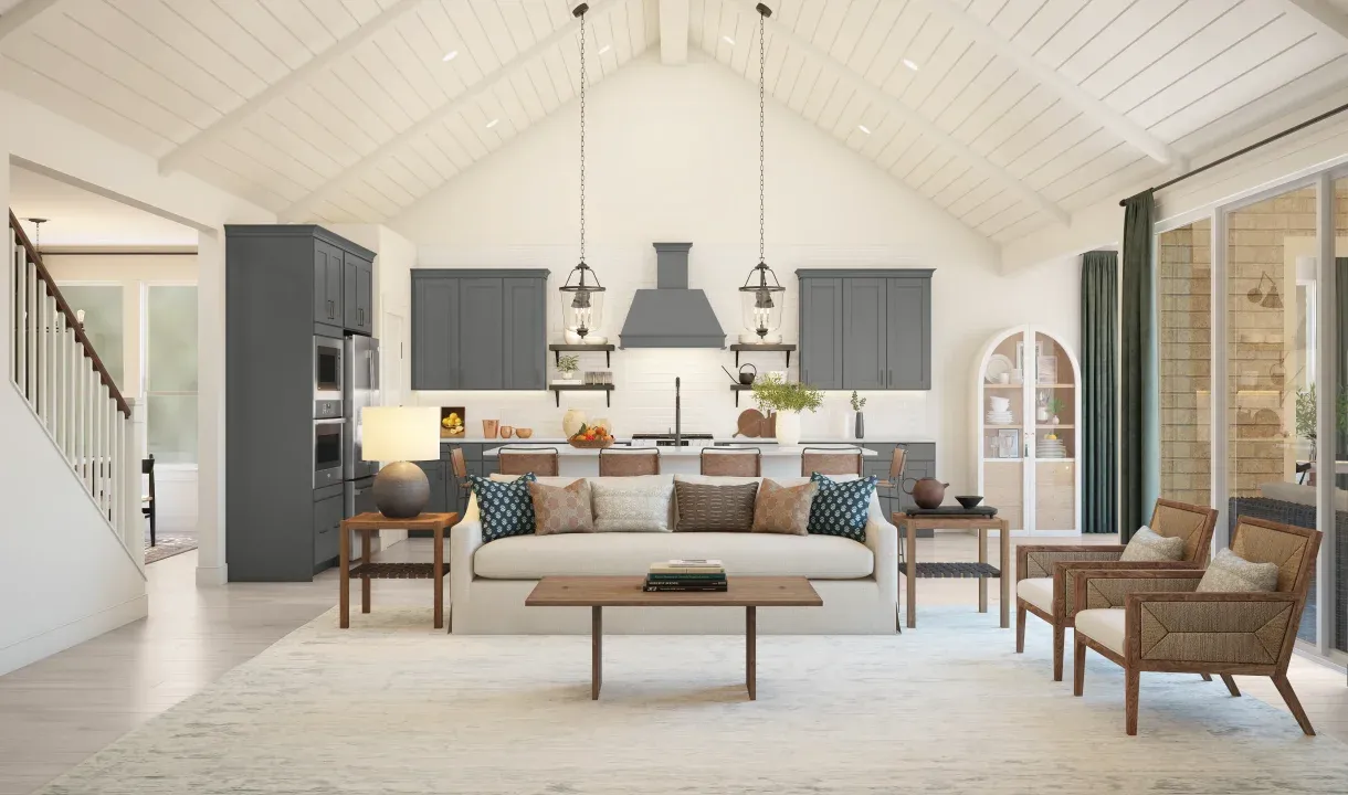 Great room with vaulted ceiling and shiplap