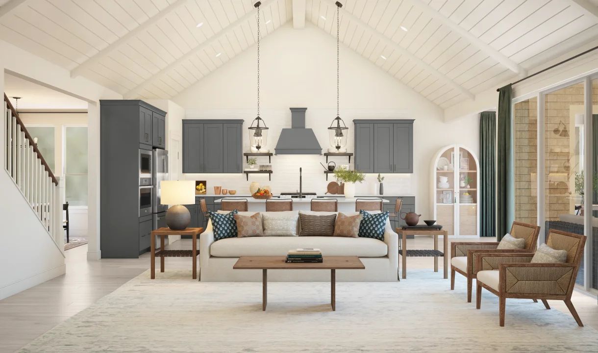 Great room with vaulted ceiling and shiplap