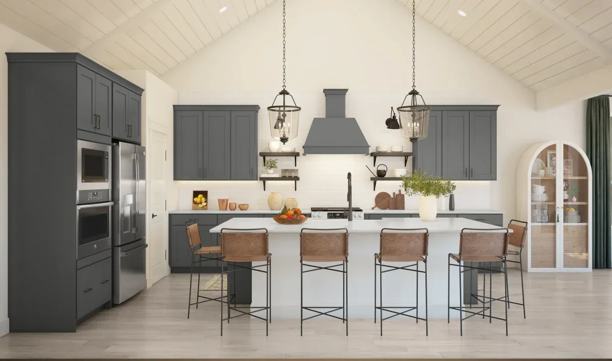 Kitchen with vaulted ceiling, shiplap detailing and floating shelves