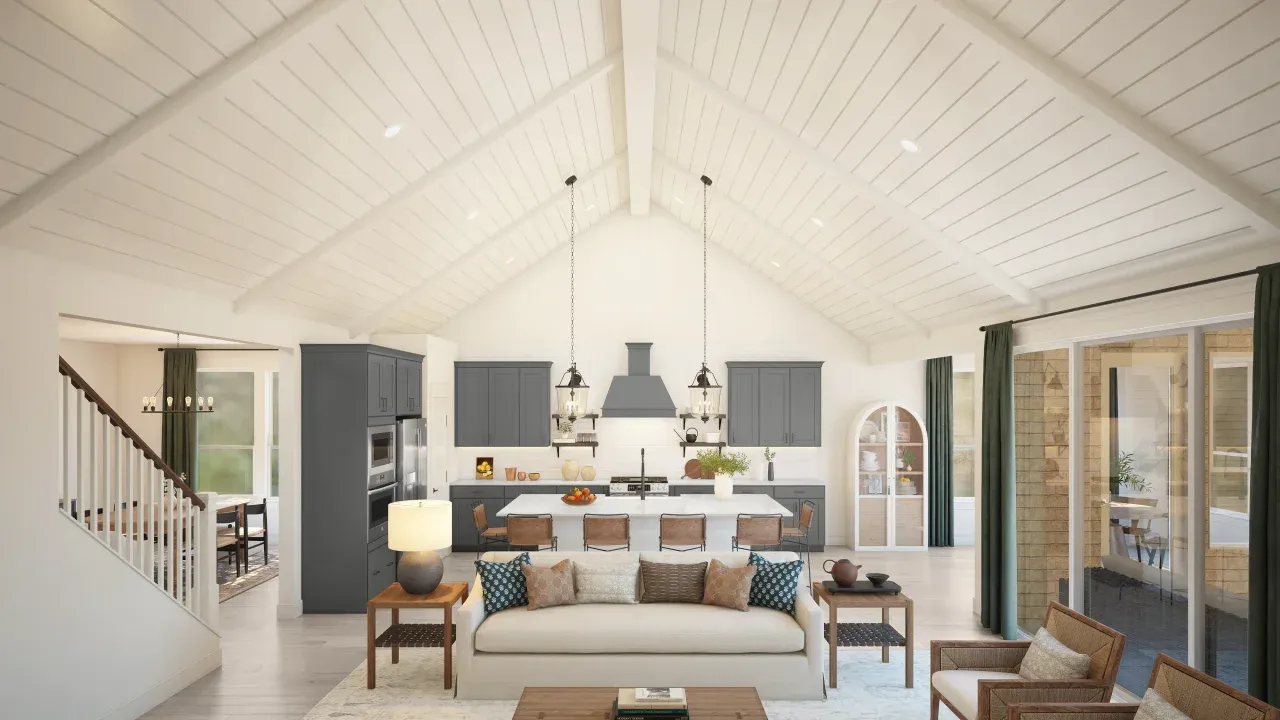 Vaulted ceiling with shiplap and painted ceiling beams