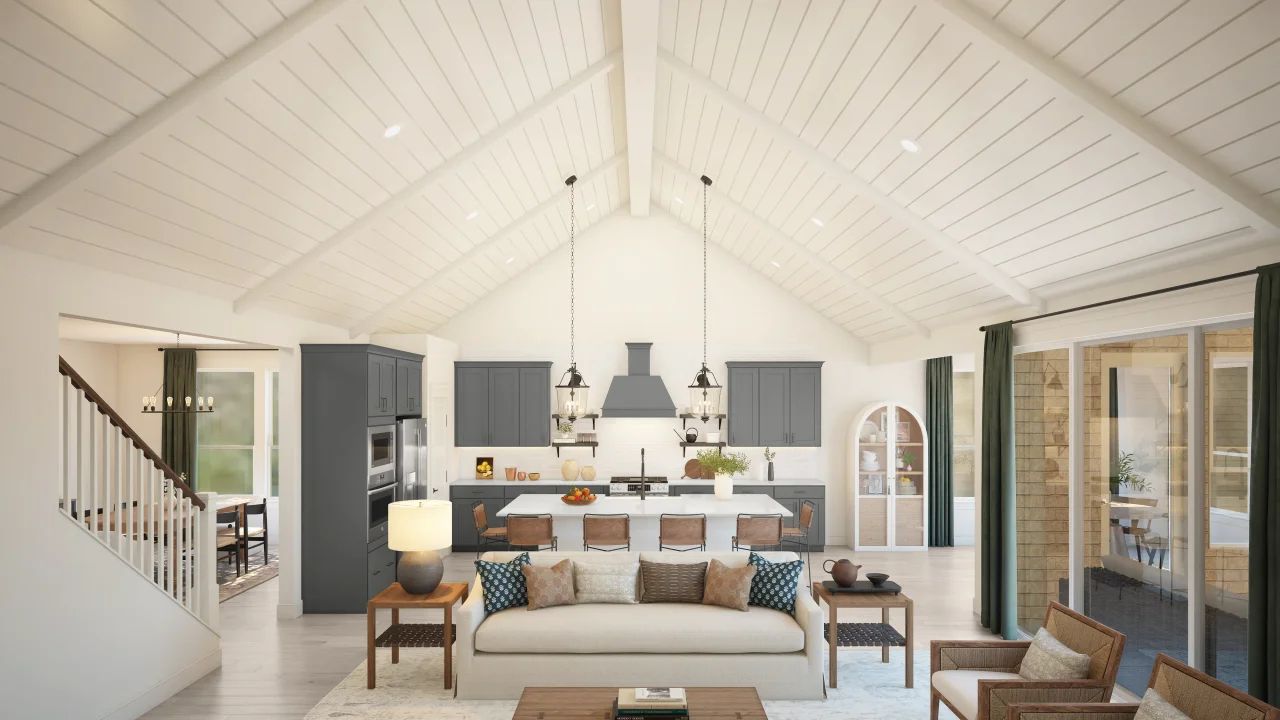 Vaulted ceiling with shiplap and painted ceiling beams