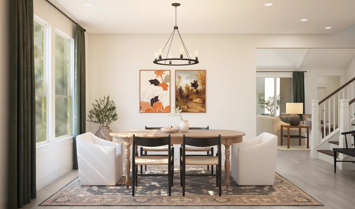Dining room with gorgeous flooring and chandelier