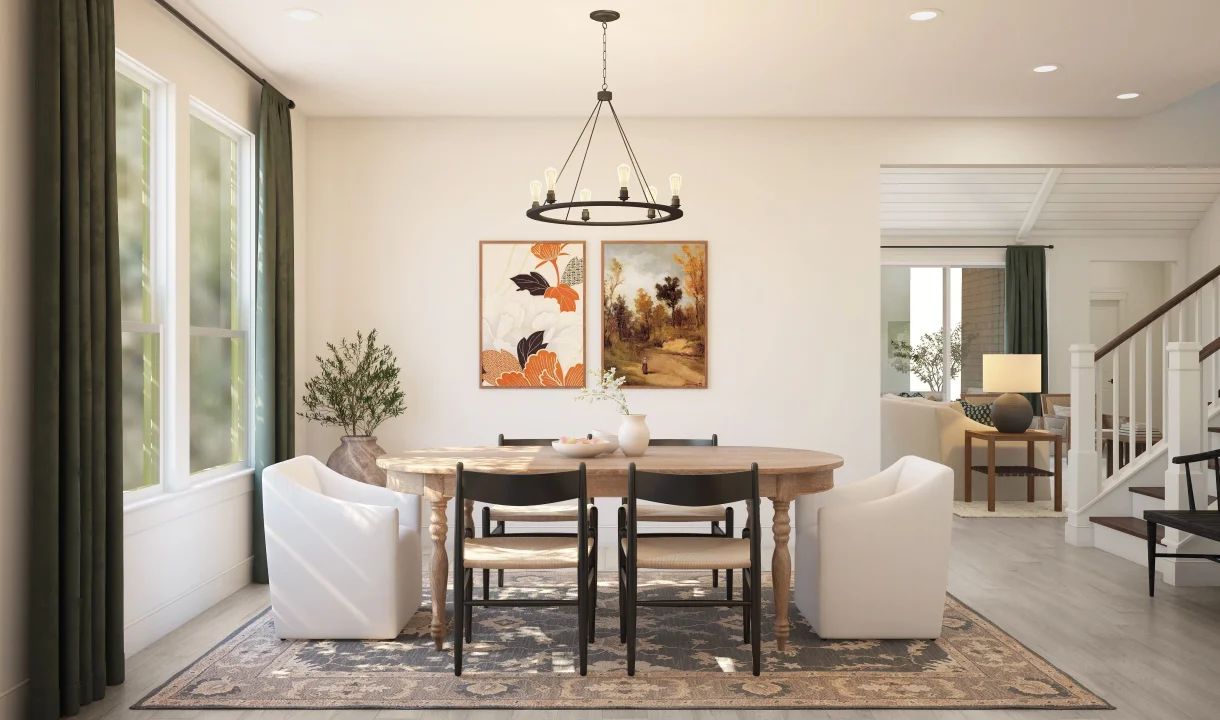 Dining room with gorgeous flooring and chandelier