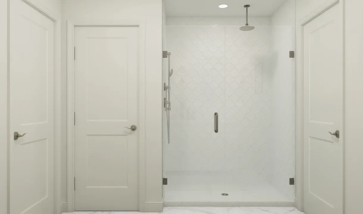 Primary bath with glass shower enclosure