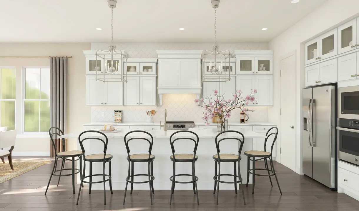 Kitchen with classic pendant lighting and glass upper cabinets