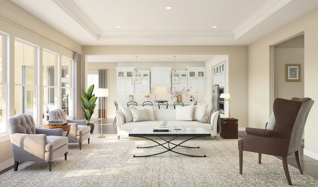 Great room with ceiling detail and gorgeous wood flooring