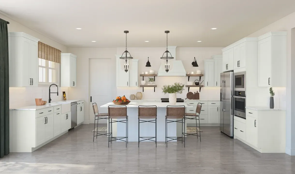 Kitchen with pendant lights & matte black hardware