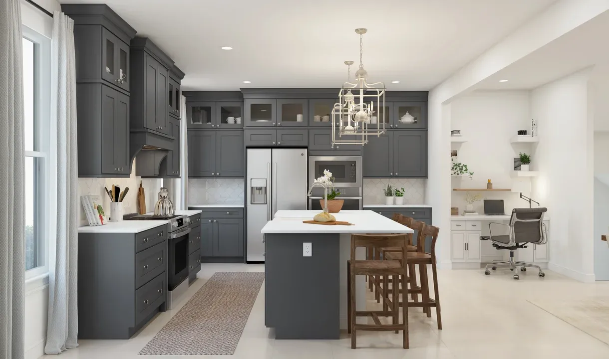 Kitchen with glass upper cabinets