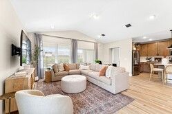 Great room with wood-look tile flooring