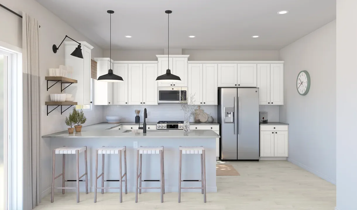 Kitchen with floating shelves and matte black lighting