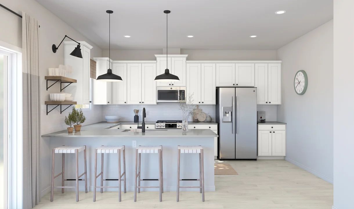 Kitchen with floating shelves and matte black lighting