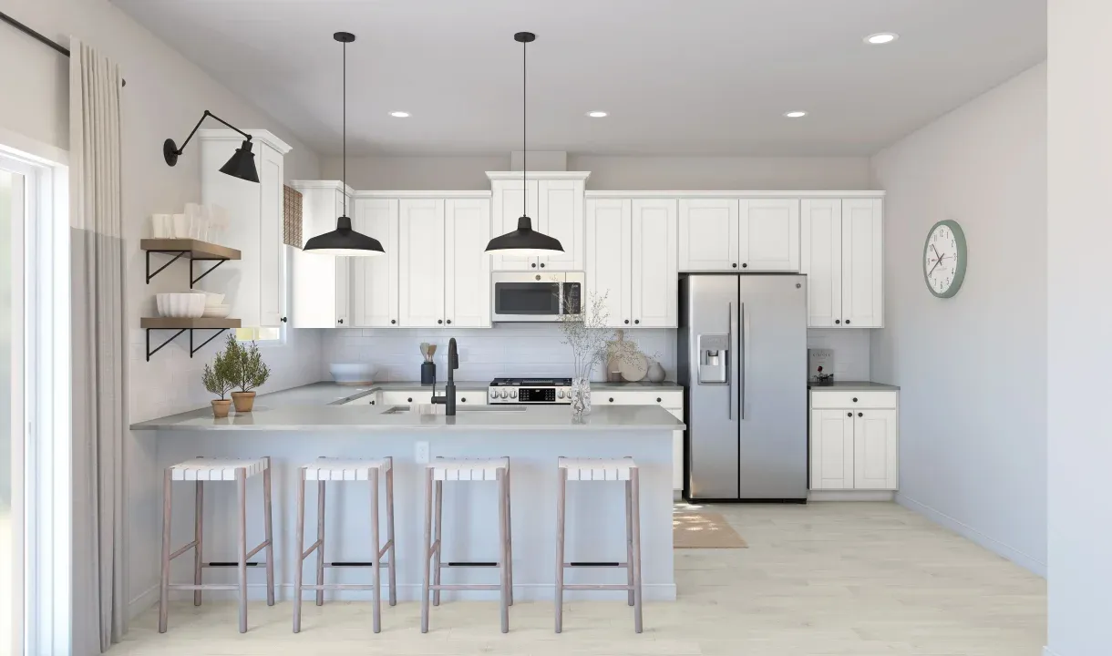 Kitchen with floating shelves and matte black lighting