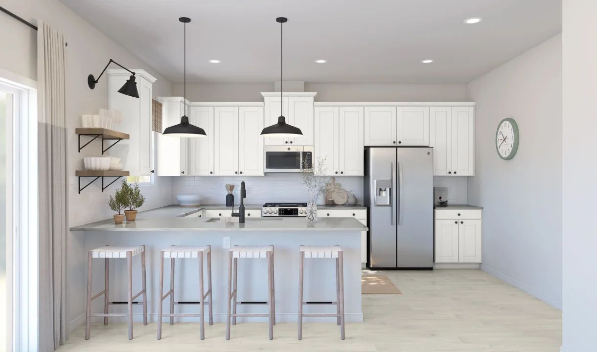 Kitchen with floating shelves and matte black lighting