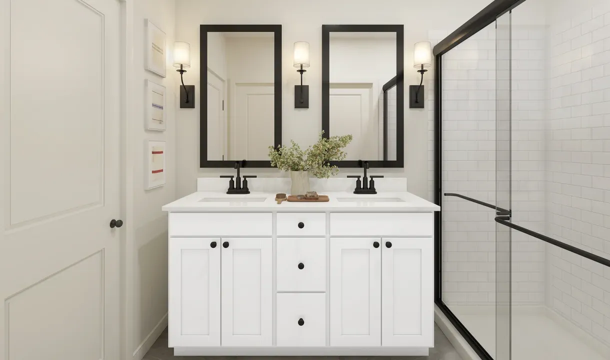 Primary bath with matte black hardware and fixtures